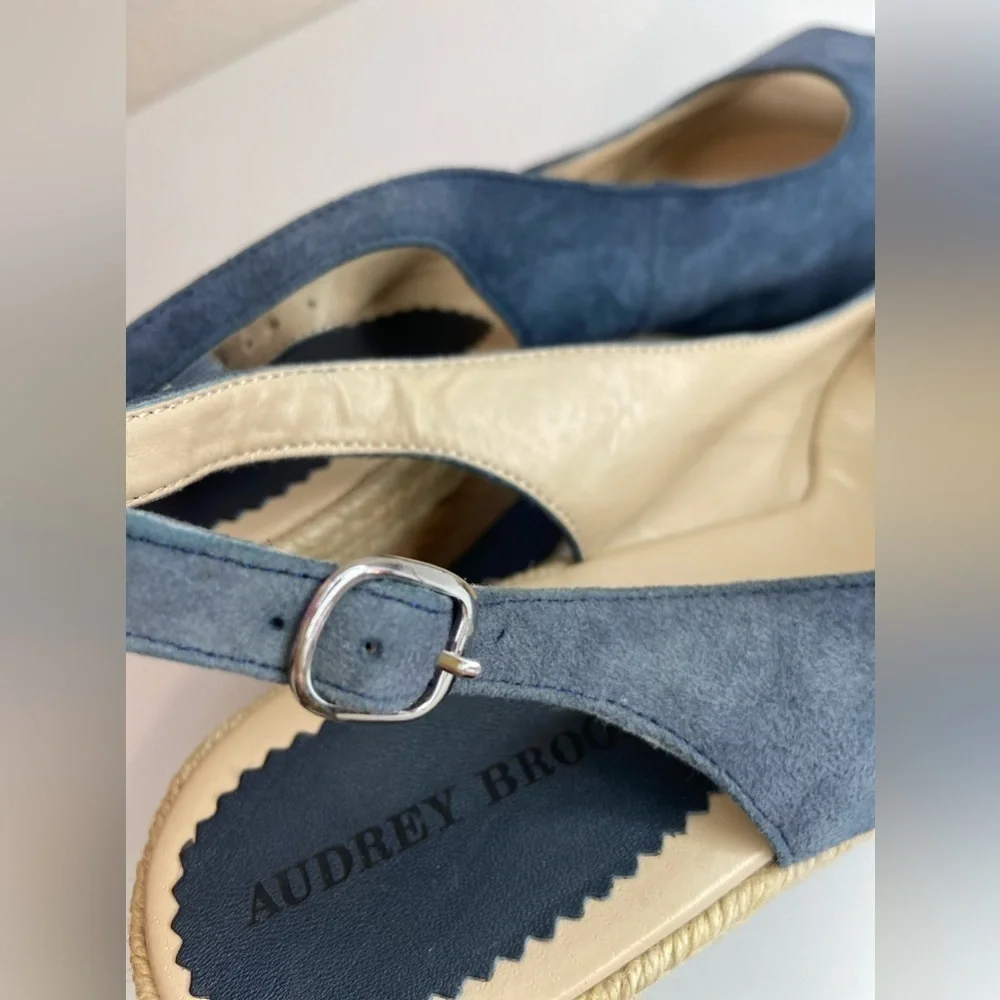 Audrey Brooke~Blue Faux Suede~Espadrille Cork Wedge~Peep Toe~Sandal~Size 8.5B